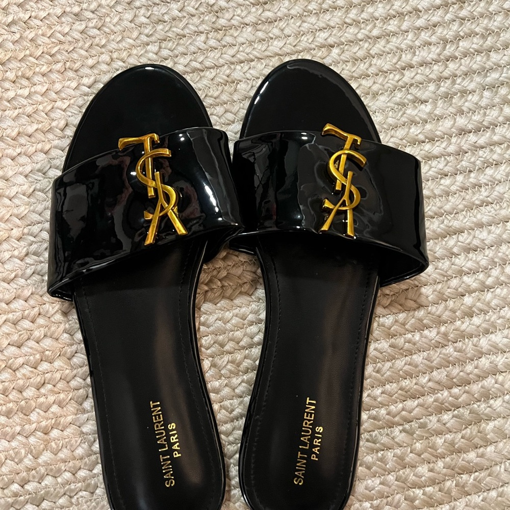 Saint Laurent black and Gold Slide Sandals